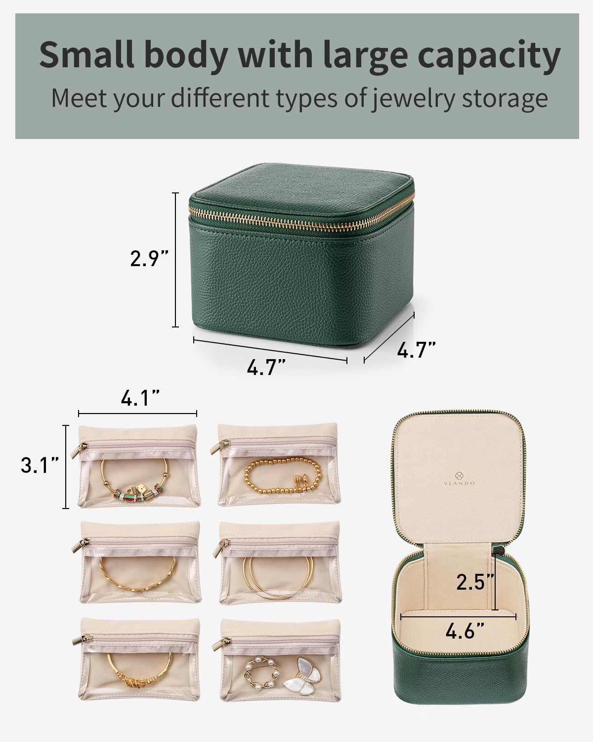 Travel Jewelry Organizer with 6 Clear Velvet Zipper Pouches (B.6 PCS Green)
