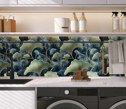 Dark Blue Ginkgo Leaf Peel and Stick Wallpaper (17.7" x 118")
