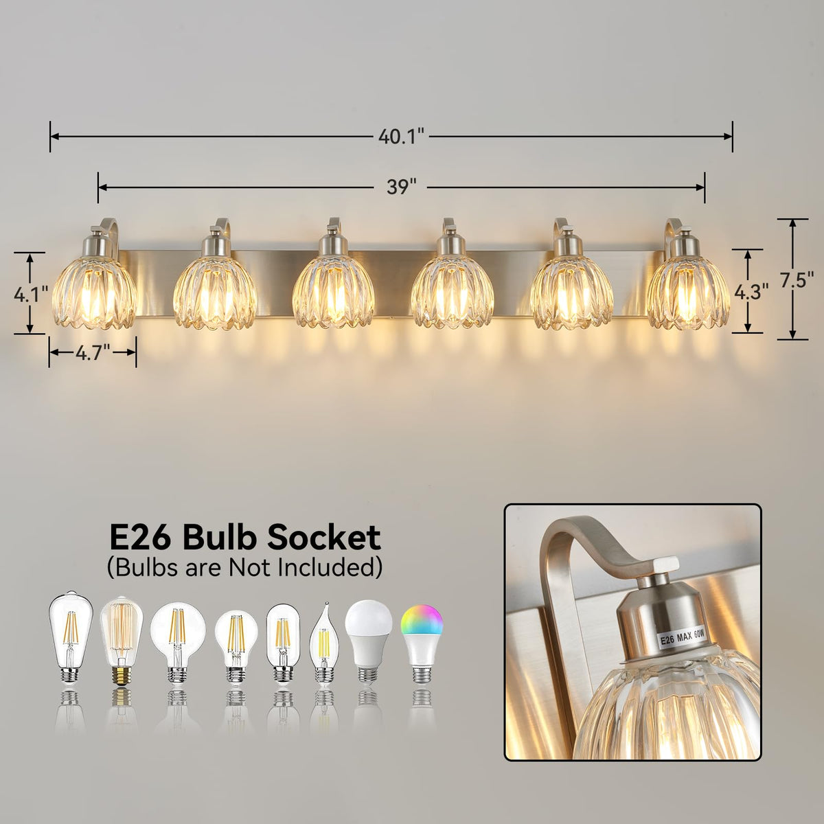 Brushed Nickel Vanity Light Bathroom Lighting Fixtures 6 Light Crystal Tulip Shade Modern Bathroom Vanity Light (Brushed Nickel - Tulip Clear / 6-light)