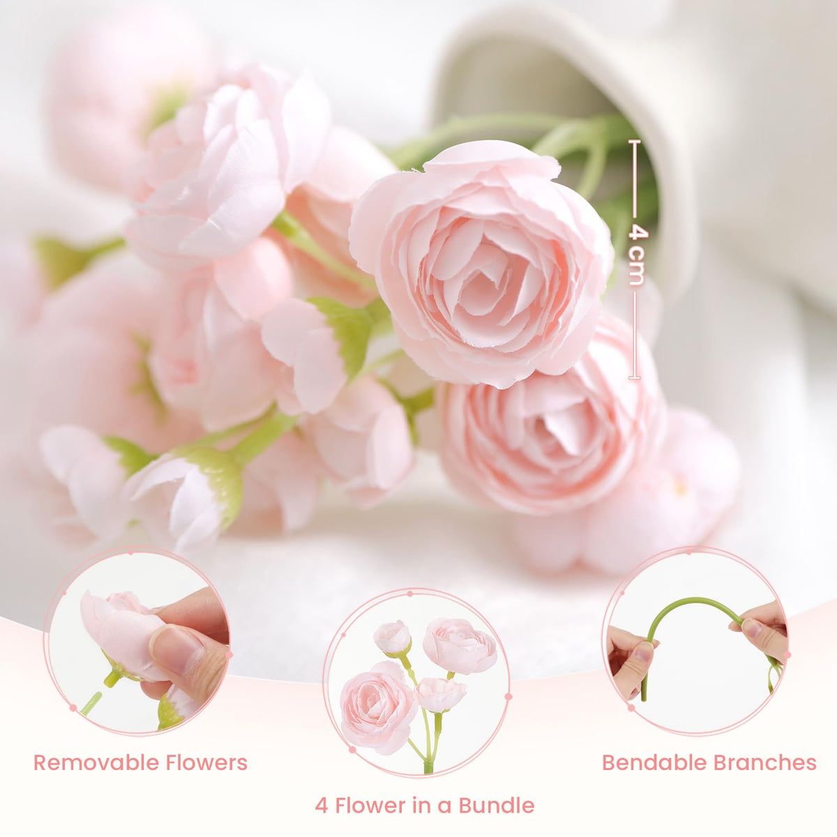 54Pcs Ranunculus Artificial Flowers Faux Silk Mini Flowers Indoor (Shabby Blush)