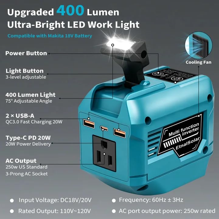 250W Power Inverter Compatible with 18V Battery