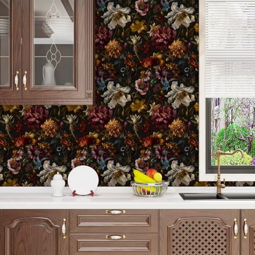 Vintage Black Boho Goth Floral Peel and Stick Wallpaper 17.4"x78.8" (Black/Dark Yellow / 17.4" x 78.8")