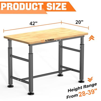 Adjustable Workbench with Rubberwood Top Rolling (42 in x 20 in)