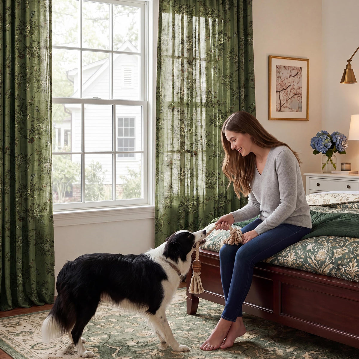Forest Green Floral Printed Window Curtains (Forest Green / 52"W x 102"L (Pack of 2))