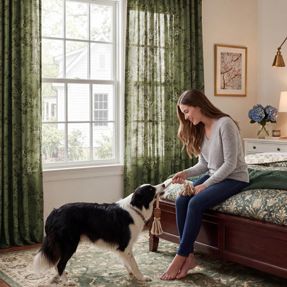 Forest Green Floral Printed Window Curtains (Forest Green / 52"W x 102"L (Pack of 2))