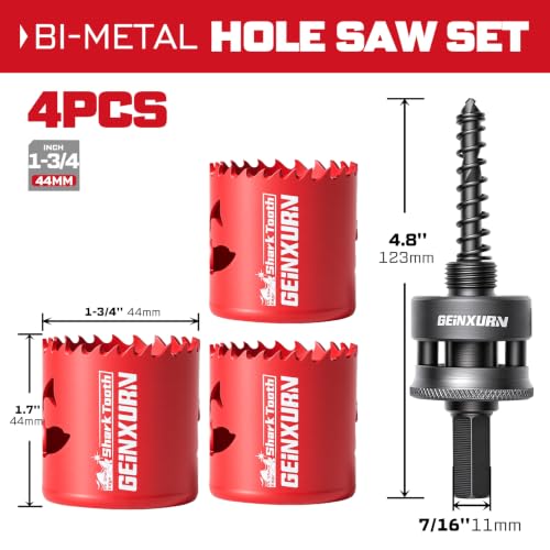 1-3/4 in(44mm) Hole Saw Set, HSS Bi-Metal Hole Cutter with Arbor and Hex Wrench, 5PCS Hole Saw Kit for Wood, Drywall, PVC Boards, Thin Metal & Plastic (5 PCS 1-3/4" Hole Saw Set)