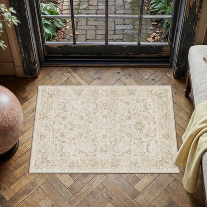 2x3 Beige Washable Area Rug Non Slip Retro Distressed Doormat (Distressed | Beige / 2' x 3' (Rectangular))