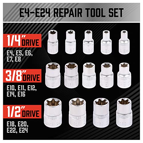 14-Piece E-TORX Socket Set - Premium Female Torx Socket Set, Ultimate Torque Star Sockets, External Torx Sockets, E4 E5 E6 E7 E8 E10 E11 E12 E14 E16 E18 E20 E22 E24 (14-Piece E-Torx - (E4-E24))