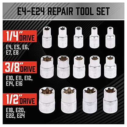 14-Piece E-TORX Socket Set - Premium Female Torx Socket Set, Ultimate Torque Star Sockets, External Torx Sockets, E4 E5 E6 E7 E8 E10 E11 E12 E14 E16 E18 E20 E22 E24 (14-Piece E-Torx - (E4-E24))