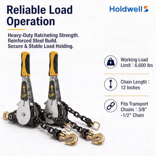 2 Pack 3/8"-1/2" EZ Ratchet Chain Binder with G70 Grab Hooks, Ratchet Load Binder Kit, 6600 lbs WLL Heavy Duty Cargo Tie Down for Flatbed Trailers & Trucks (3/8" - 1/2"(2 Pack))