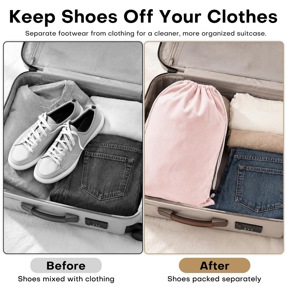 4 Pack Velvet Cloth Shoe Bags for Travel & Packing for Women & Men (Light Pink)