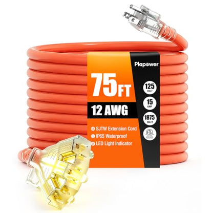 100FT 12 AWG Outdoor Extension Cord with Multiple Outlets Waterproof Black