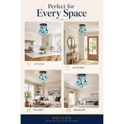 Black Ceiling Lights Semi Flush Mount 5 Lights with Blue Glass Shade (5Light-Blue)