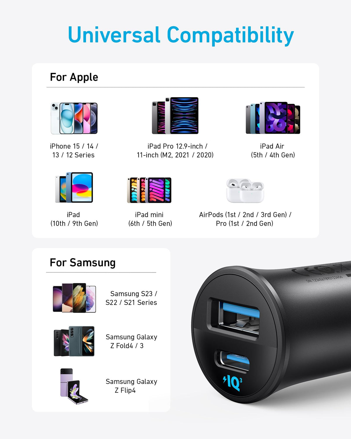 30W 2 Port PowerIQ 3.0 USB C iPhone Car Charger