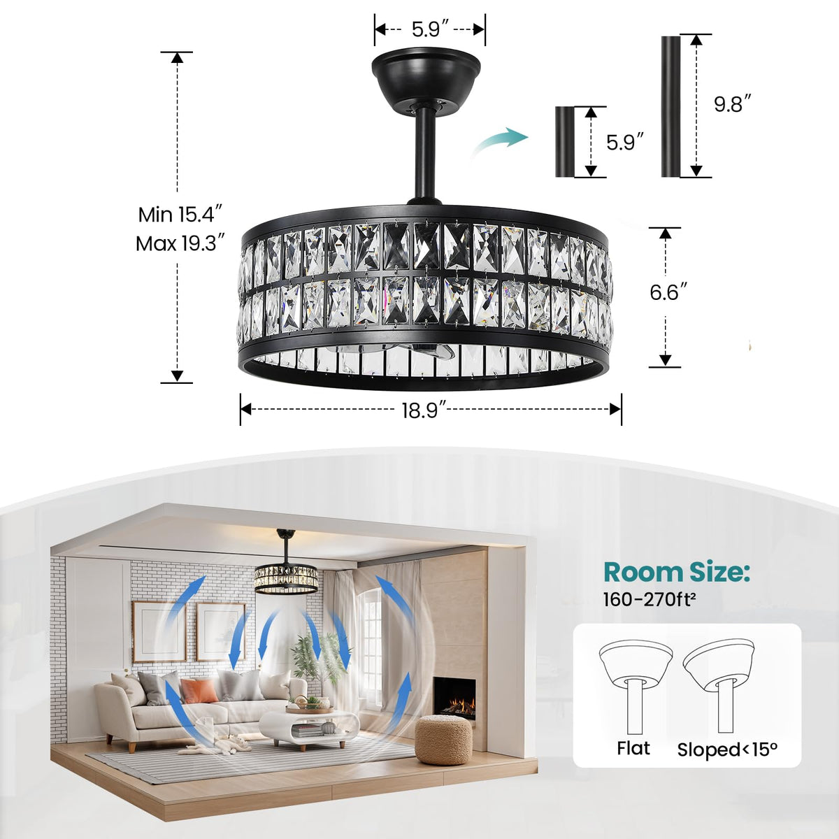 Black Caged Ceiling Fan with Light and Remote Control 19" Bladeless Crystal Modern Fandelier Semi Flush Mount Farmhouse Chandelier Ceiling Fan for Kitchen Bedroom Dining Room (Black)