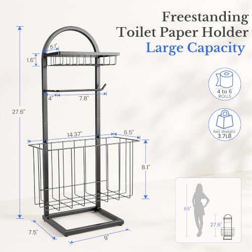 Toilet Paper Holder Stand Freestanding with Storage Basket for Bathroom (Black)