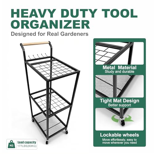 Garden Tool Organizer with Wheels 3 Tier Yard Tool Organizer Rack with Side Storage Pockets Sturdy Metal Steel Holder with 6 Hooks for Garage