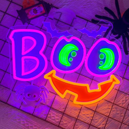 Halloween Neon Sign Dimmable Boo Spooky Smile Led Neon Signs for Wall Decor (Multicolor-BOO b)