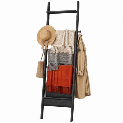 71" 4-in-1 Blanket Ladder for Living Room, 5-Tier Leaning Bamboo Decorative Towel & Quilt Rack with Magazine Leather Pocket, 4 Detachable Hanging Bars, Space-Saving Shelf for Bedroom (Black) (Black)