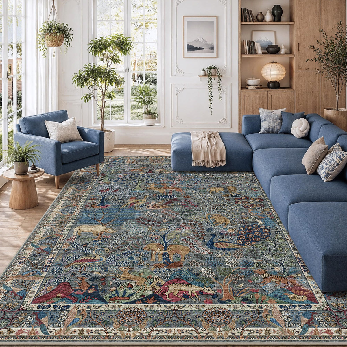 9x12 Large Area Rug Vintage Animals Floral Print Indoor Carpet (Dusty Blue/Multi / 9' x 12' (Rectangular))