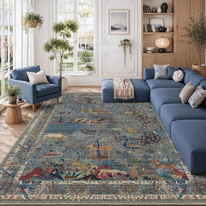 9x12 Large Area Rug Vintage Animals Floral Print Indoor Carpet (Dusty Blue/Multi / 9' x 12' (Rectangular))