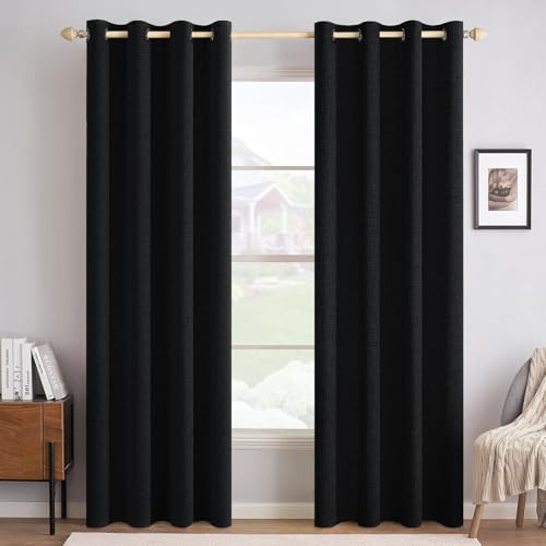 100% Blackout Linen Curtains for Bedroom 52x90 Inches Black (Black / 52"W x 90"L (Pack of 2))