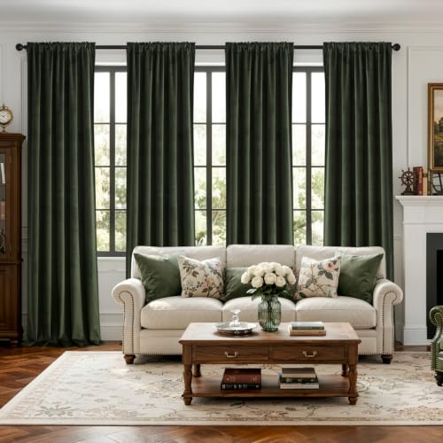 Olive Green Velvet Curtains 4 Panel Set Back Tab 40x120 Inch Long (Olive Green / 40"W x 120"L (Pack of 4))