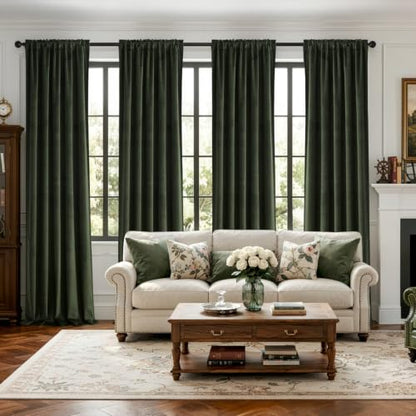 Olive Green Velvet Curtains 4 Panel Set Back Tab 40x120 Inch Long (Olive Green / 40"W x 120"L (Pack of 4))