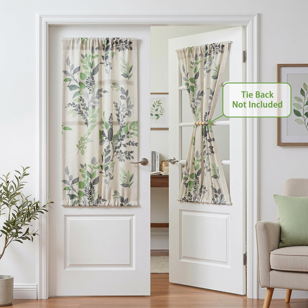Floral Linen French Door Curtains 40 inch Long 2 Panels for Front Door Light Filtering Privacy Semi Sheer Window Curtains with Rod Pocket (B-green / 24"W x 40"L (Pack of 2))
