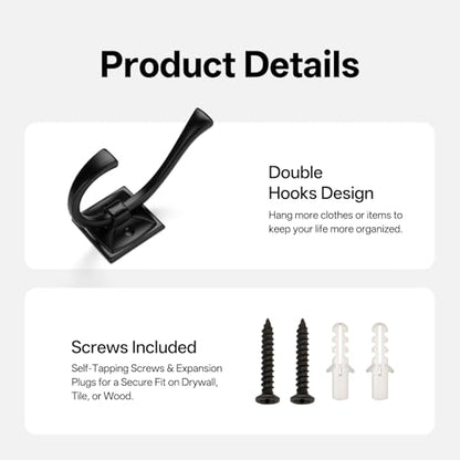 Hardware 5 Pack Square Coat Hooks Wall Mounted Towel Hooks Shower Hooks for Bathroom Wall Hanging Heavy Duty Double Hook Black