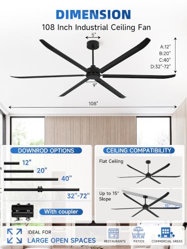 108 120 Inch Industrial Ceiling Fan No Light