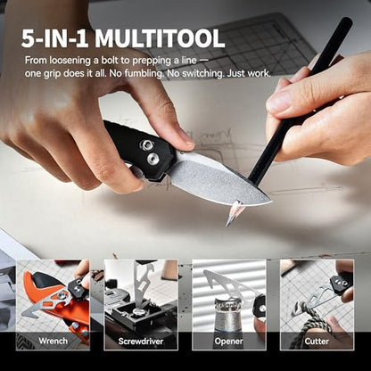 5-in-1 Multitool Pocket Knife, 2.4" Premium CVG-10 Steel Blade Folding Knife with Seatbelt Cutter, Bottle Opener, Wrench & Screwdriver, Durable G10 Handle EDC Knife, Ideal Cool Gifts for Men
