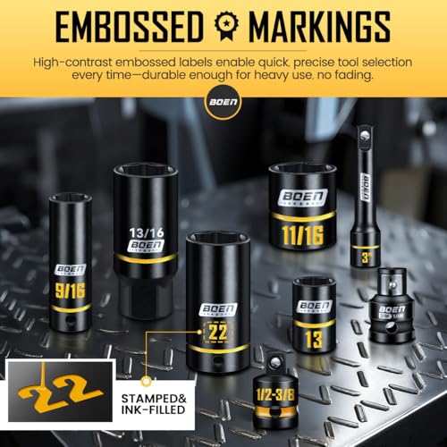 3/8-Inch Drive Impact Socket Set, Yellow Embossed Size Marking