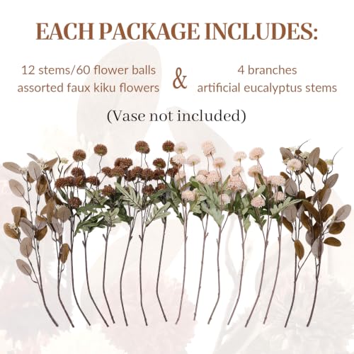 16 PCS Silk Mums Artificial Fall Flowers with Eucalyptus for Vase (Beige Brown)