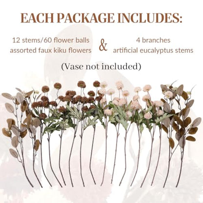 16 PCS Silk Mums Artificial Fall Flowers with Eucalyptus for Vase (Beige Brown)