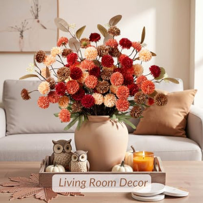 16 PCS Silk Mums Artificial Fall Flowers with Eucalyptus for Vase (Yellow Red Orange Brown)