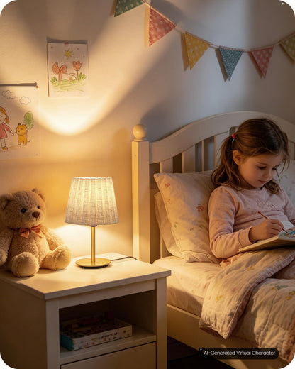 Small Bedside Table Lamp (Gold & Beige - Push Button)