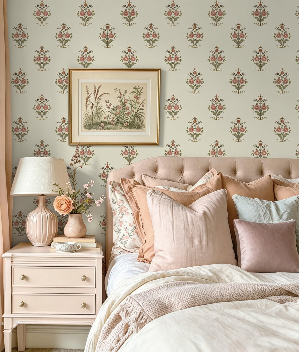 Vintage Floral Wallpaper Cottage Peel and Stick Wallpaper Retro Pink Flower Contact Paper for Cabinets Drawers Farmhouse Removable Self (Beige and Pink / 17.3" x 196.8")