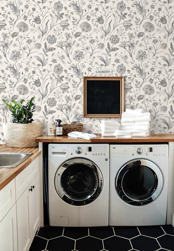 Beige and Black Floral Peel and Stick Wallpaper Floral 17in x 118in (Black / 17.3" x 118.1")
