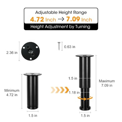 Black Adjustable Height Couch Furniture Legs 4 Pack