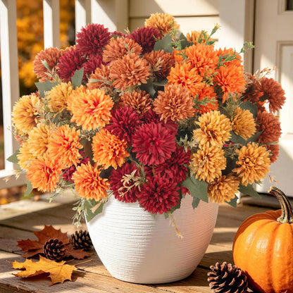 Artificial Mums Flowers for Outdoors Outside Decorations (3 Orange,3 Burnt Orange,3 Red,3 Yellow / 12PCS)