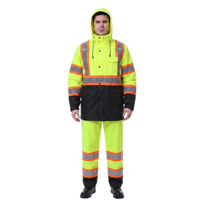 Rain Jacket Men Hi Vis Rain Coats Reflective Raincoat High Visibility Work Suits for Men Women Waterproof （RS250 (Large / Yellowblack)
