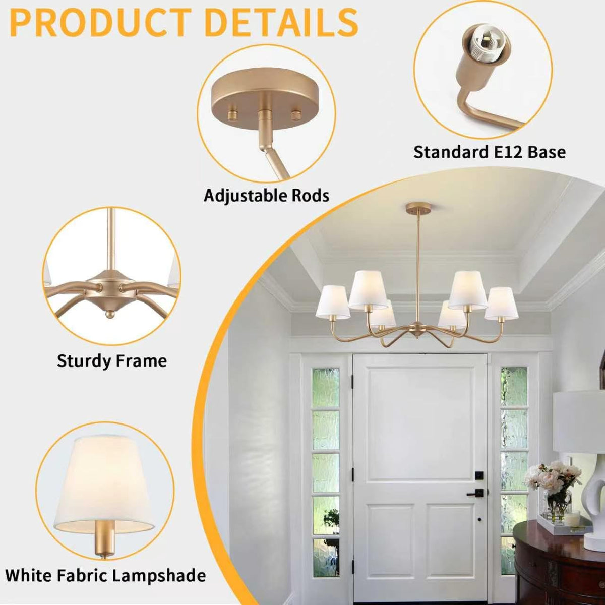 6 Light Gold Chandelier for Dining Room Light Fixture (Gold)