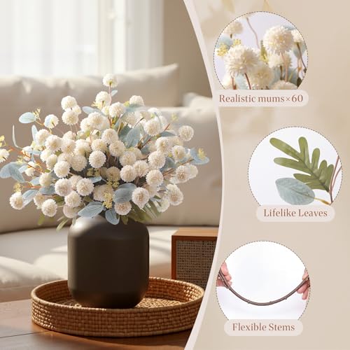 16Pcs Faux Silk Mums Artificial Flowers with Eucalyptus White (White)