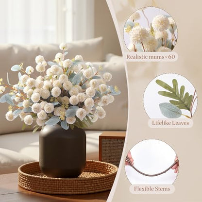 16Pcs Faux Silk Mums Artificial Flowers with Eucalyptus White (White)