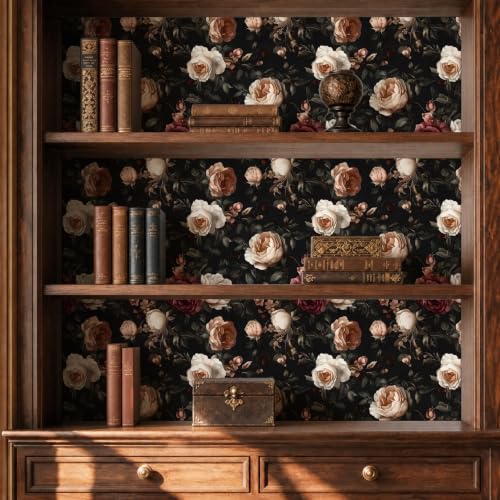 Vintage Burgundy Boho Floral Peel and Stick Wallpaper 17.4"x78.8" (Dark Red and Wite / 17.4" x 78.8")