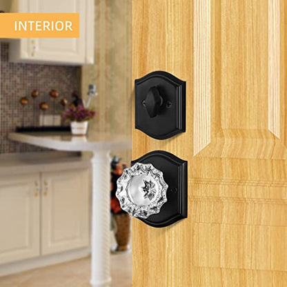 Crystal Glass Passage Door Knob and Single Cylinder Deadbolt Combo Set (Matte Black)