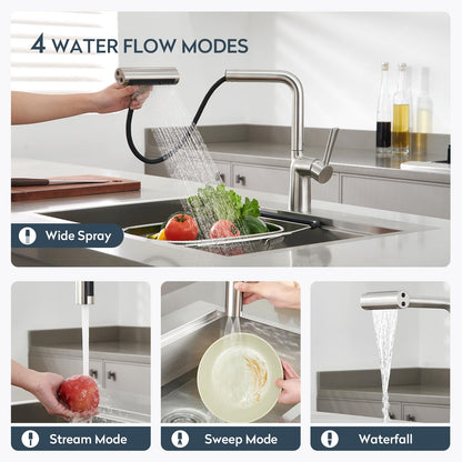 Waterfall Kitchen Faucets with Pull Down Sprayer (Waterfall / W-Stainless Steel)