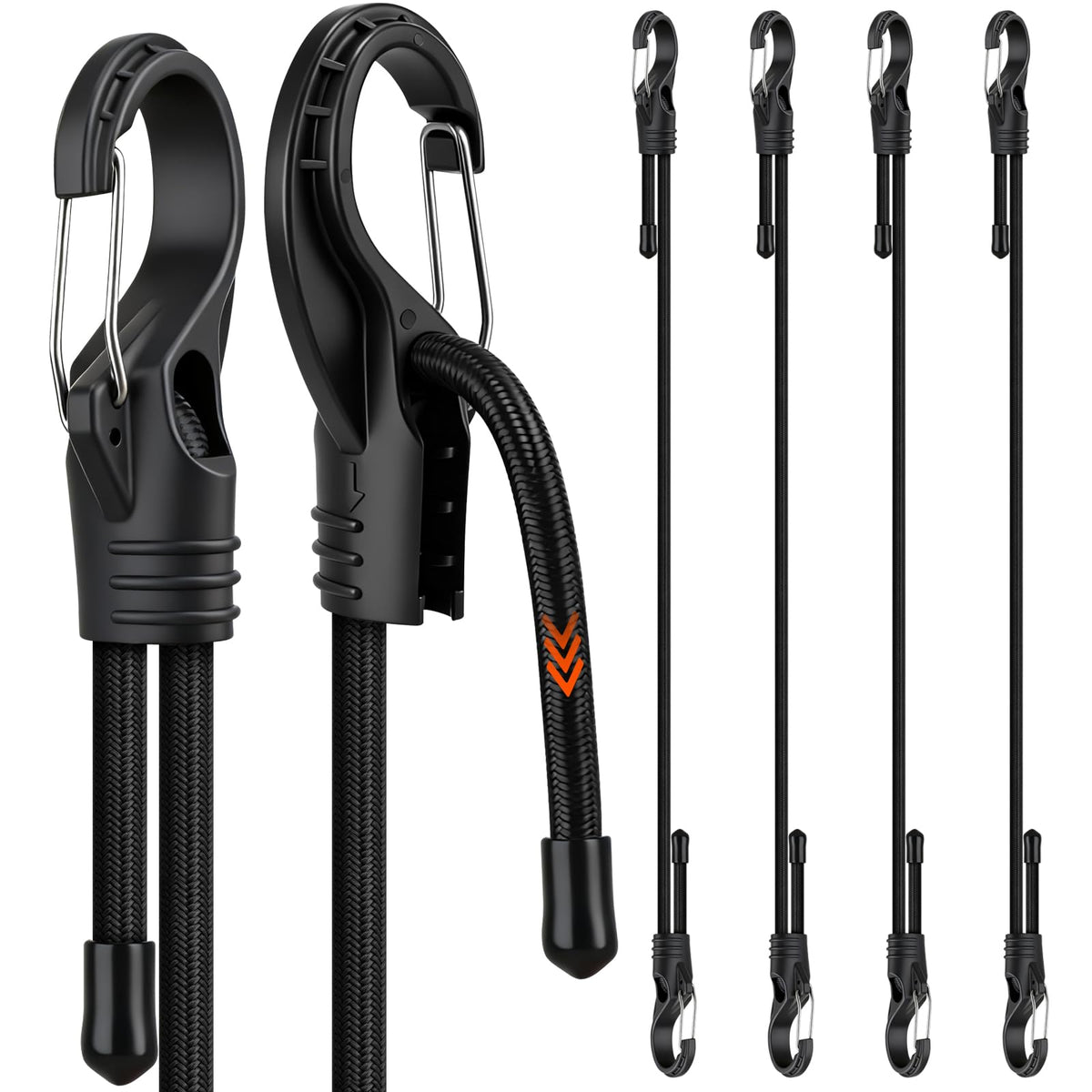 4-Piece 36-inch Adjustable Bungee Cords with Hooks, Easily Adjust from 7" to 36", Heavy Duty Outdoor Carabiner Bungee Cords, Black Super Elastic Cord for Cargo, Camping, Tents, Luggage (4pcs 36" Adjustable Black)