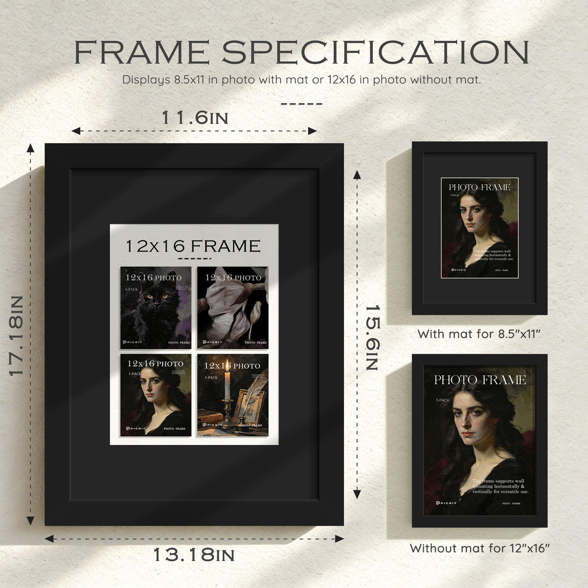 12x16 Black Wooden Picture Frame (Black Frame Black Mat / 12x16)